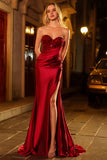 Sweetheart Mermaid Red Beaded Sequins Pleated Satin Long Prom Dress with Slit