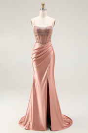 Blush Strapless Beaded Pleated Mermaid Corset Long Prom Dress with Slit