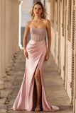 Blush Strapless Beaded Mermaid Pleated Corset Long Prom Dress with Slit