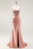 Blush Strapless Beaded Mermaid Pleated Corset Long Prom Dress with Slit