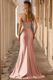 Blush Strapless Beaded Mermaid Pleated Corset Long Prom Dress with Slit