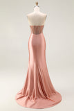 Blush Strapless Beaded Mermaid Pleated Corset Long Prom Dress with Slit