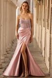 Blush Strapless Beaded Mermaid Pleated Corset Long Prom Dress with Slit