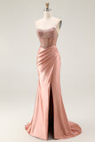 Blush Strapless Beaded Pleated Mermaid Corset Long Prom Dress with Slit