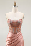 Blush Strapless Beaded Pleated Mermaid Corset Long Prom Dress with Slit