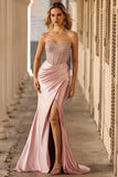 Blush Strapless Beaded Mermaid Pleated Corset Long Prom Dress with Slit