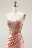 Blush Strapless Beaded Pleated Mermaid Corset Long Prom Dress with Slit