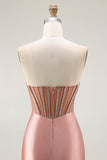 Blush Strapless Beaded Pleated Mermaid Corset Long Prom Dress with Slit