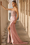 Blush Strapless Beaded Mermaid Pleated Corset Long Prom Dress with Slit