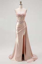 Champagne Mermaid Spaghetti Straps Beaded Corset Long Prom Dress with Slit