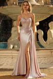 Champagne Mermaid Corset Streamer Beaded Ruched Long Prom Dress with Slit