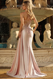 Champagne Mermaid Corset Streamer Beaded Ruched Long Prom Dress with Slit