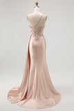 Champagne Mermaid Corset Streamer Beaded Ruched Long Prom Dress with Slit