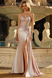Champagne Mermaid Corset Streamer Beaded Ruched Long Prom Dress with Slit