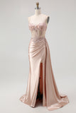 Champagne Mermaid Spaghetti Straps Beaded Corset Long Prom Dress with Slit