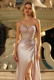 Champagne Mermaid Corset Streamer Beaded Ruched Long Prom Dress with Slit