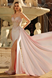 Champagne Mermaid Corset Streamer Beaded Ruched Long Prom Dress with Slit