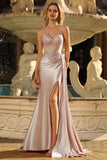 Champagne Mermaid Corset Streamer Beaded Ruched Long Prom Dress with Slit
