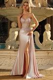 Champagne Mermaid Corset Streamer Beaded Ruched Long Prom Dress with Slit