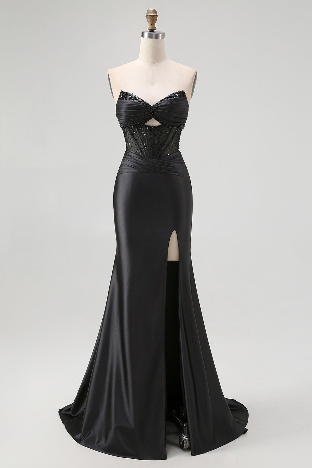 Wedtrend Women Black Long Prom Dress with Slit Mermaid Strapless Cut-Out Sheer Corset Lace Up Back Satin Formal Dress, Black / US12 Wedtrend Women Black Long Prom Dress with Slit Mermaid Strapless Cut-Out Sheer Corset Lace Up Back Satin Formal Dress, Black / US12