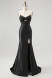 Black Mermaid Strapless Cut-Out Corset Satin Long Prom Dress with Slit