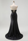 Black Mermaid Strapless Cut-Out Corset Satin Long Prom Dress with Slit