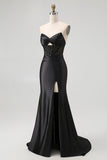 Black Mermaid Strapless Cut-Out Corset Satin Long Prom Dress with Slit