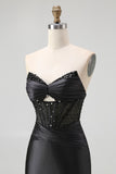 Black Mermaid Strapless Cut-Out Corset Satin Long Prom Dress with Slit