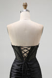 Black Mermaid Strapless Cut-Out Corset Satin Long Prom Dress with Slit