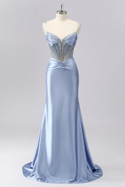 Grey Blue Mermaid Spaghetti Straps Corset Prom Dress with Beading