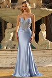 Sparkly Grey Blue Mermaid Rhinestones Corset Ruched Long Prom Dress with Beading