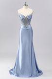 Sparkly Grey Blue Mermaid Rhinestones Corset Ruched Long Prom Dress with Beading