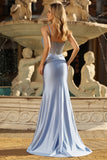 Sparkly Grey Blue Mermaid Rhinestones Corset Ruched Long Prom Dress with Beading