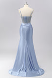 Sparkly Grey Blue Mermaid Rhinestones Corset Ruched Long Prom Dress with Beading