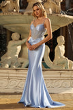 Sparkly Grey Blue Mermaid Rhinestones Corset Ruched Long Prom Dress with Beading
