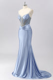 Grey Blue Mermaid Spaghetti Straps Corset Prom Dress with Beading