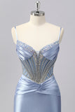 Grey Blue Mermaid Spaghetti Straps Corset Prom Dress with Beading