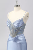 Grey Blue Mermaid Spaghetti Straps Corset Prom Dress with Beading