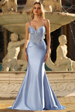 Sparkly Grey Blue Mermaid Rhinestones Corset Ruched Long Prom Dress with Beading