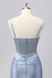 Grey Blue Mermaid Spaghetti Straps Corset Prom Dress with Beading