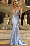 Sparkly Grey Blue Mermaid Rhinestones Corset Ruched Long Prom Dress with Beading