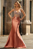 Blush Mermaid Spaghetti Straps Beaded Corset Long Prom Dress with Rhinestones