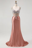 Blush Mermaid Spaghetti Straps Beaded Corset Long Prom Dress with Rhinestones