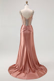 Blush Mermaid Spaghetti Straps Beaded Corset Long Prom Dress with Rhinestones
