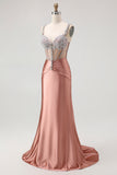 Blush Mermaid Spaghetti Straps Beaded Corset Prom Dress with Rhinestones