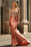 Blush Mermaid Spaghetti Straps Beaded Corset Long Prom Dress with Rhinestones