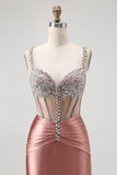 Blush Mermaid Spaghetti Straps Beaded Corset Prom Dress with Rhinestones