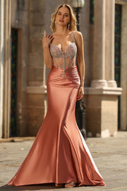 Blush Mermaid Spaghetti Straps Beaded Corset Long Prom Dress with Rhinestones