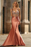 Blush Mermaid Spaghetti Straps Beaded Corset Long Prom Dress with Rhinestones