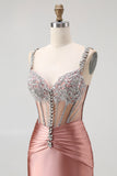 Blush Mermaid Spaghetti Straps Beaded Corset Prom Dress with Rhinestones